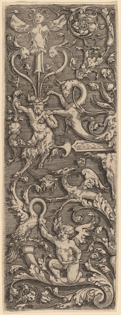 Ornament met een Cupido, een Sater en Groteske Figuren door Master of the Horse Heads