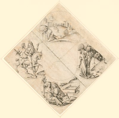 Ontwerp voor een Quatrefoil met een kasteel, twee geliefden, een meisje verleid door een dwaas, een paar zittend bij een trog en een ridder en zijn geliefde te paard door Master of the Housebook