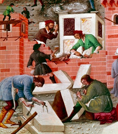 Bouw van de stad Rome, detail door Master of the Innocent III missal