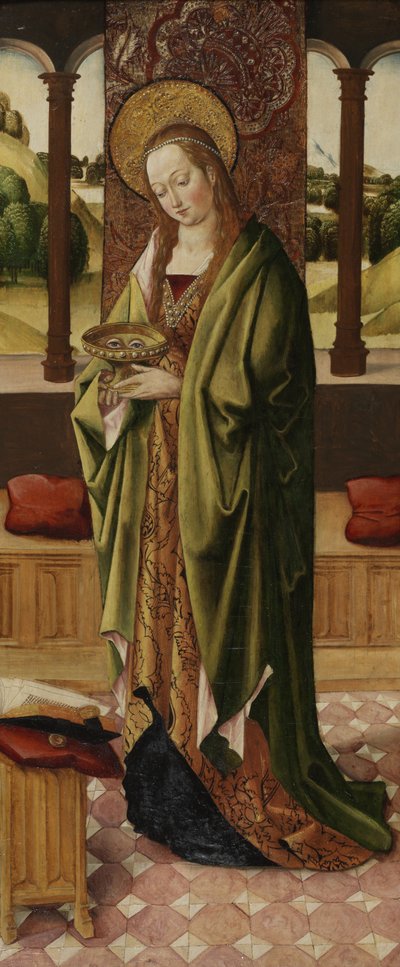 Drieluik van de Maagd en Kind met twee engelen, detail van St. Lucia (detail) door Master of the Lee Triptych Master of the Lee Triptych