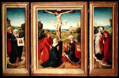 Drieluik met het centrale paneel dat de Kruisiging met de Maagd, St. Johannes en Maria Magdalena afbeeldt; de linker vleugel: St. Veronica en een vrouwelijke heilige; en de rechter vleugel: De Twee Maria