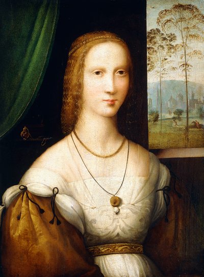 Portret van een Dame, half-lengte, dragend een witte jurk met gouden mouwen door Master of the Leonardesque Female Portraits