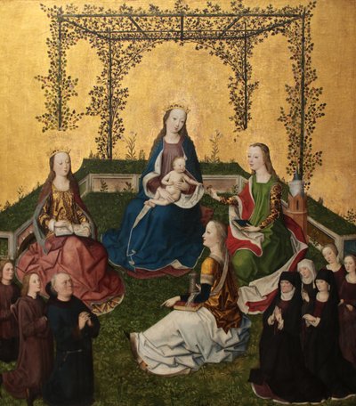 Madonna met Kind in rozenprieel (Maria mit dem Kind in der Rosenlaube), ca. 1470 door Master of the Life of Virgin Mary