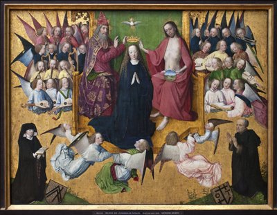 De kroning van Maria. Representatie van de Heilige Drie-eenheid: God, Jezus Christus en de duif van de Heilige Geest door Master of the Lyversberg Passion