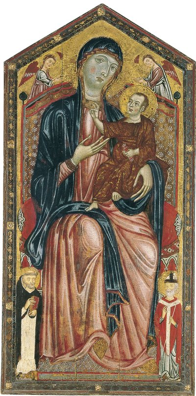 De Maagd en het Kind op de troon met heiligen Dominicus, Martinus en twee engelen door Master of the Magdalen