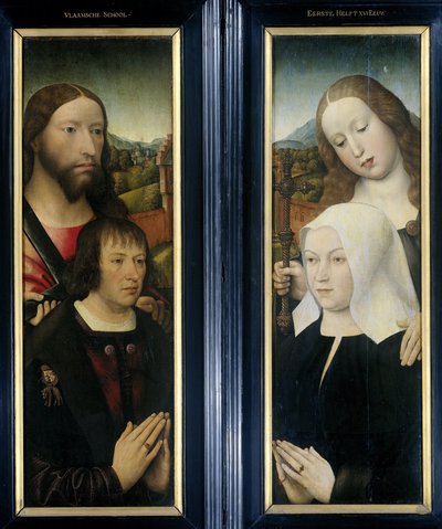 Twee Vleugels van een Drieluik met de Schenker, Thomas Isaacq, vergezeld door Sint Thomas (links, buitenvleugel), en de Vrouw van de Schenker vergezeld door Sint Margaretha (rechts, buitenvleugel) door Master of the Magdalen Legend