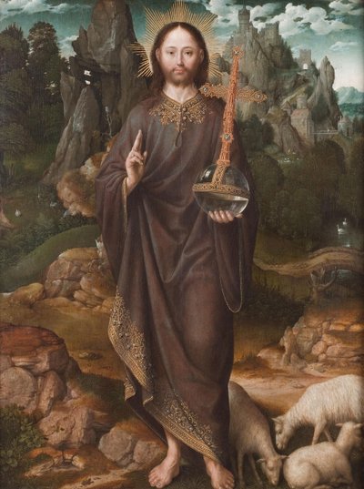 Nederlands: Christus als Salvator Mundi Salvator Mundi in een Landschap door Master of the Mansi Magdalen