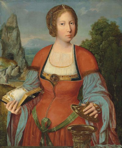 De Magdalena met een getijdenboek in een landschap door Master of the Mansi Magdalen