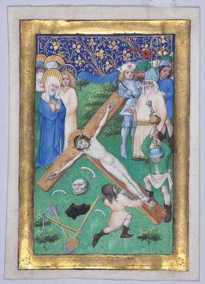 Blad uit een Getijdenboek: Christus wordt aan het Kruis Genageld door Master of the Maximilian Schoolbooks