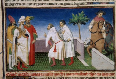 Matteo en Niccolò, de Polo-broers vragen om verlof van de Qubilai (Kubilai Khan, eerste keizer van de Mongoolse Yuan-dynastie (1215-1294). Miniatuur uit 