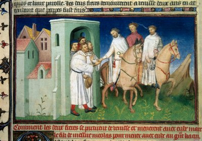 Matteo en Niccolo, de Polo broers verlaten Venetië. Miniatuur uit Het Boek der Wonderen door Marco Polo door Master of the Mazarine