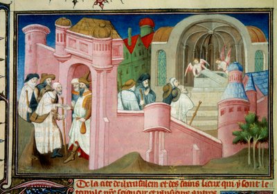 Pelgrims bezoeken de kerk van het Heilig Graf en het graf van Christus in Jeruzalem door Master of the Mazarine