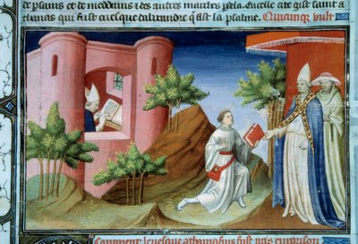 Paus Julius I (280-337) ontmoette de boodschapper van Athanasius van Alexandrië ten tijde van het Concilie van Sardica. De boodschapper kwam om de positie van de patriarch in ballingschap in Alexandrië te verdedigen Miniatuur in 