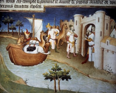 De Polo-broers (inclusief Marco Polo) arriveren in Ormoez vanuit India in een vrachtschip. Miniatuur in 