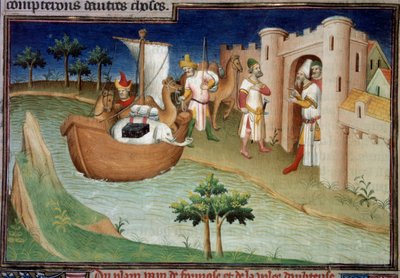 De Polo broers (inclusief Marco Polo) arriveren in Ormuz vanuit India in een vrachtschip. Miniatuur in Het Boek der Wonderen door Master of the Mazarine