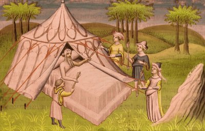 De Mongoolse leider Gengis Khan op zijn sterfbed die zijn laatste aanbevelingen aan zijn zonen geeft, c.1410 door Master of the Mazarine