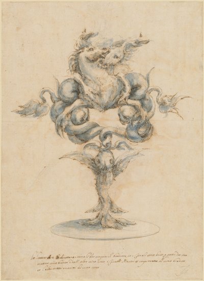 Een wijnkaraf met twee vechtende zeepaarden door Master of the Medici Banquet Decanters