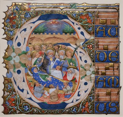 Geïllustreerde initiaal met de dood van de maagd. Meester van de Murano Gradual. Ca 1420 door Master of the Murano Gradual