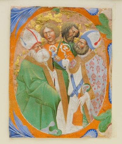 Manuscriptverlichting met vier heiligen in een initiaal O, uit een koorboek, 1440-50 door Master of the Murano Gradual