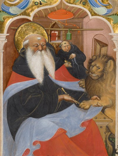 Sint Hiëronymus haalt een doorn uit de poot van een leeuw door Master of the Murano Gradual