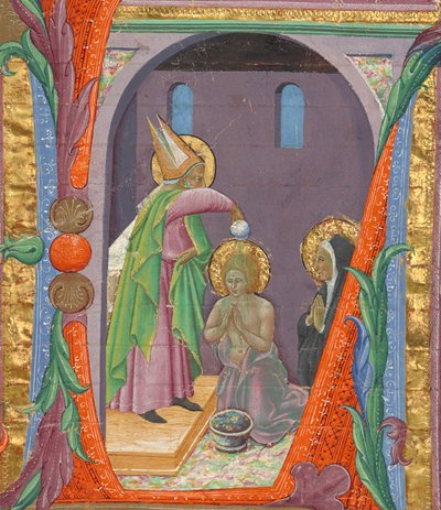 Beginletter L: De doop van Sint Augustinus door Master of the Osservanza