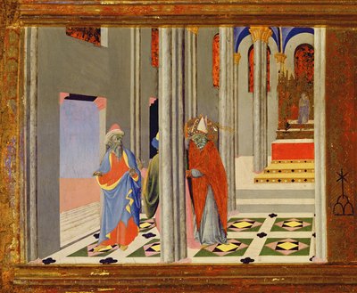 St. Ambrosius weigert de Romeinse keizer Theodosius I de Grote toegang tot de kerk in Milaan, 1436 tempera op paneel (detail) door Master of the Osservanza