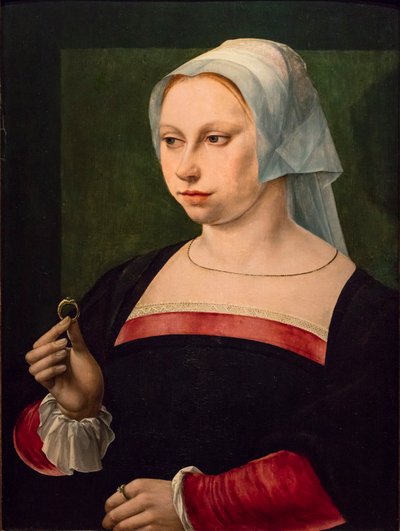 Portret van een jonge vrouw met een ring door Master of the Parrot