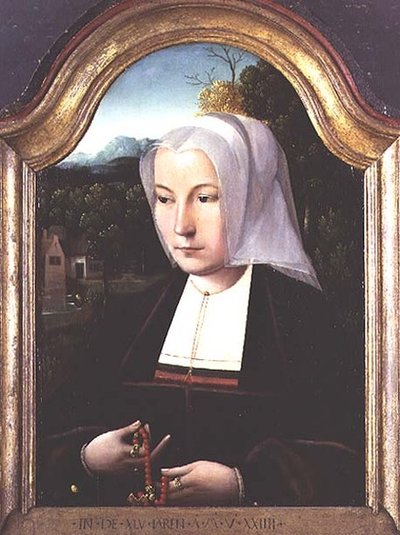 Portret van een dame met een rozenkrans door Master of the Parrot