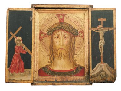 Een Drieluik: Christus de Verlosser geflankeerd door Christus die het Kruis draagt en De Kruisiging door Master of the Pietà di San Costanzo