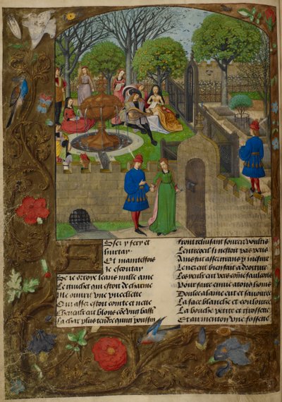 Luitspeler en zangers in een ommuurde tuin. De minnaar en Dame Oyseuse (Ledigheid) buiten de tuinmuren, illustratie uit 