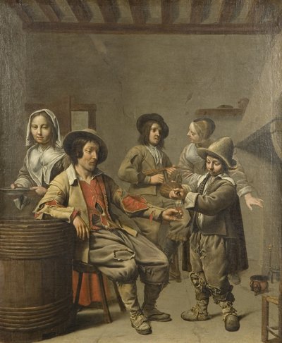 Jongen schenkt een glas wijn in voor een landgenoot, c.1650 door Master of the Processions