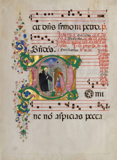 Manuscriptblad met Sint Benedictus die een jongen tot leven wekt in een initiaal D, uit een antifonarium door Master of the Riccardiana Lactantius