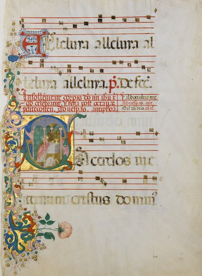 Manuscriptblad met de Viering van een Mis in een Initiaal S door Master of the Riccardiana Lactantius