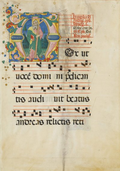Manuscriptblad met het Feest van Sint Andreas in een Initiaal M..., tweede helft 15e eeuw door Master of the Riccardiana Lactantius