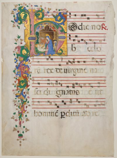 Manuscriptblad met de Geboorte in een Initiaal H, uit een Antifonarium, tweede helft 15e eeuw door Master of the Riccardiana Lactantius