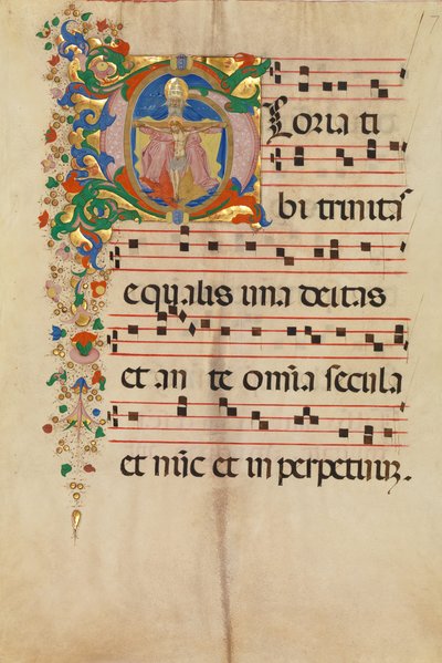 Manuscriptblad met de Drie-eenheid in een initiaal G, uit een antifonarium, Italiaans door Master of the Riccardiana Lactantius