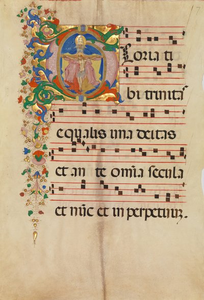 Manuscriptblad met de Drie-eenheid in een Initiaal G, uit een Antifonarium, tweede helft 15e eeuw door Master of the Riccardiana Lactantius