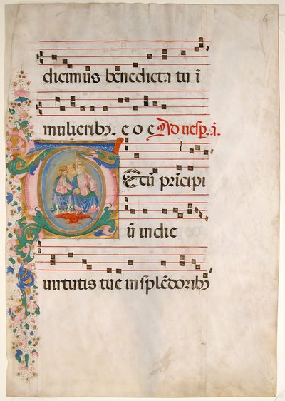 Manuscriptblad met de Drie-eenheid in een initiaal T, uit een antifonarium door Master of the Riccardiana Lactantius