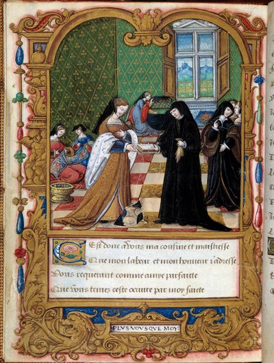 Margarita van Angoulême (1492-1549) koningin van Navarra presenteert haar boek aan de hertogin van Étampes en favoriet van François I Anne Pisseleu door Master of the Rohan Hours