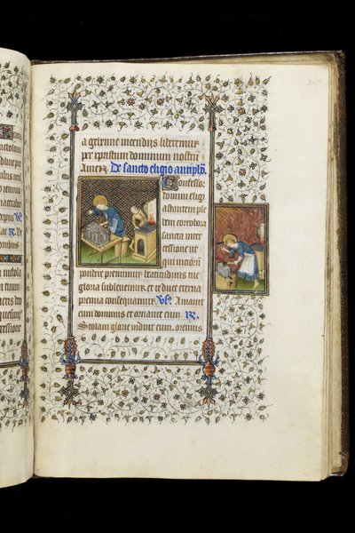 Ms 62 f.215r St. Eligius maakt een schrijn; St. Eligius bij een aambeeld, uit een Getijdenboek, ca. 1445-50 (perkament) door Master of the Rohan Hours