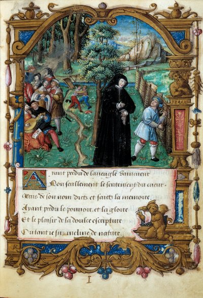 Afbeelding van de koningin van Navarra Margarita van Angoulême, hoofse liefdesscène. Pagina uit het manuscript La coche ou Debat d