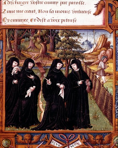 Voorstelling van de koningin van Navarra Margarita van Angoulême die met haar metgezellen praat. Pagina uit het manuscript 