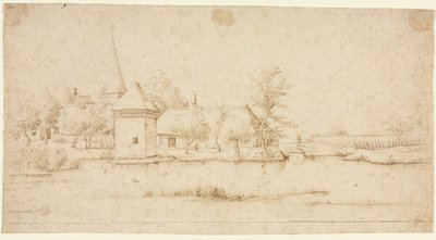 Landschap met een ommuurd dorp door Master of the Small Landscapes