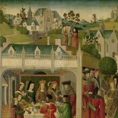 Bruiloftsfeest van Sint-Elisabeth van Hongarije en Lodewijk van Thüringen in de Wartburg, binnenvleugel van een altaarstuk gemaakt voor de Grote Kerk in Dordrecht door Master of the St Elizabeth Panels