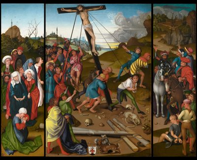 De Verheffing van het Kruis [midden, links, en rechts panelen] door Master of the Starck Triptych