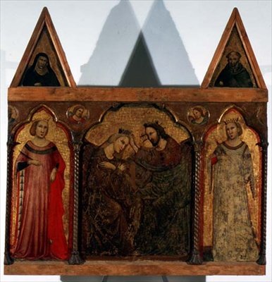 Drieluik: Kroning van de Maagd geflankeerd door twee heiligen door Master of the Urbino Coronation