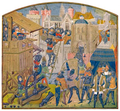 Belegeringstrein, vijftiende eeuw MS. Roy. 14 E. iv. door Master of the Vienna and Copenhagen