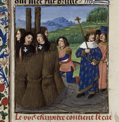 De verbranding van Tempeliers Uit: De casibus virorum illustrium door Giovanni Boccaccio door Master of the White inscriptions