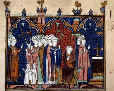 Orde van de wijding en kroning van de koningen van Frankrijk: Aankomst van de koning in de kathedraal, de koning zittend op zijn troon, bisschoppen, monniken en geestelijken door Master of the life of St Denis and Master of Guignes