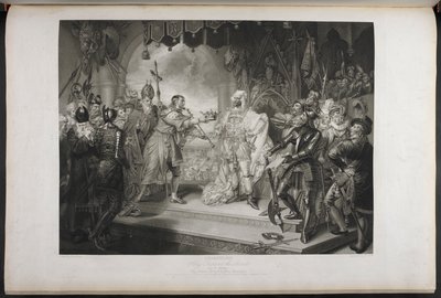 Koning Richard de tweede. Act IV. Scene I. Koning Richard, Bolingbroke, York, Aumerle, enz. In het parlementsgebouw, c.1803 (gravure) door Mather Brown